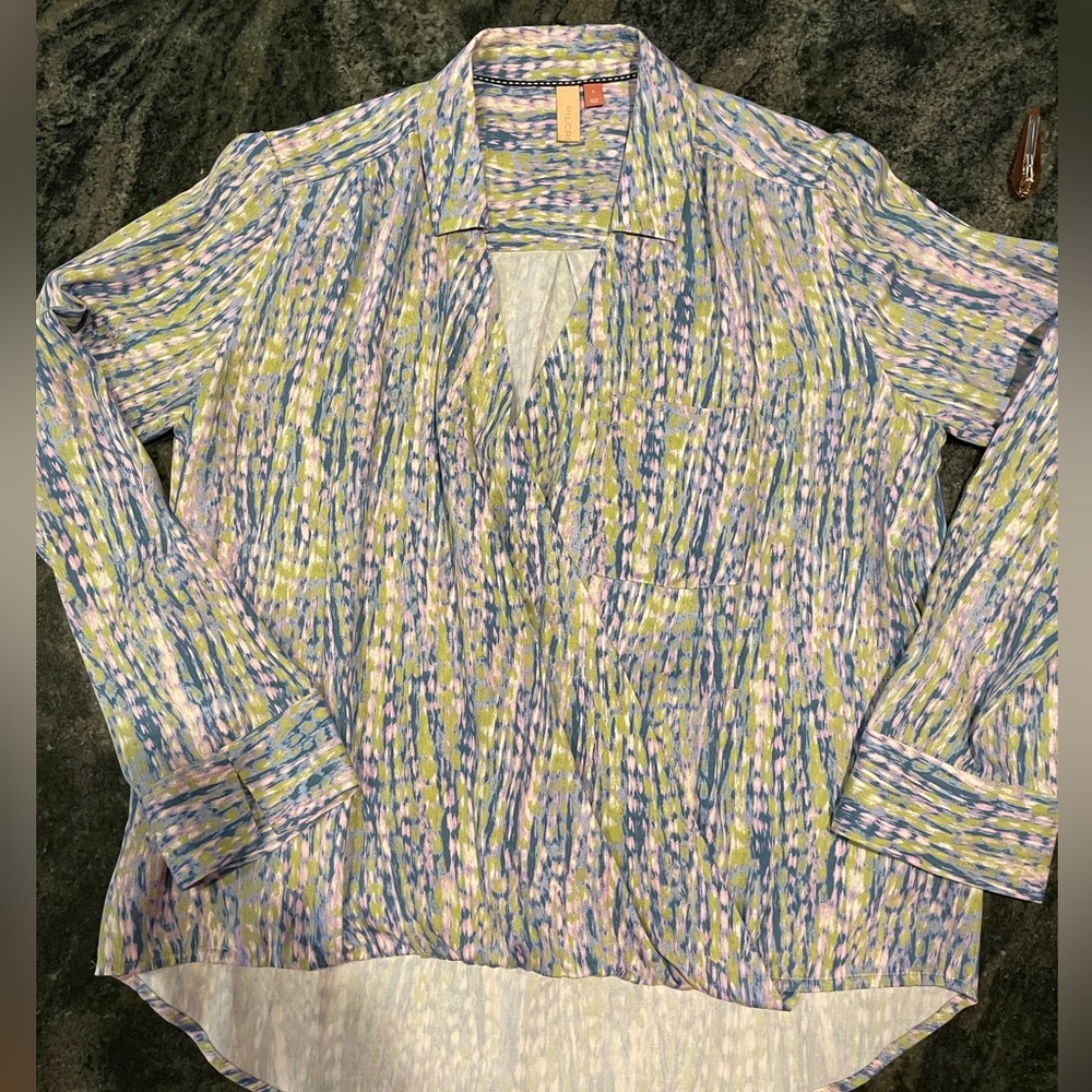 Anthropologie Pilcro Blue/White/Pink/Yellow Drape Front Blouse Size Small